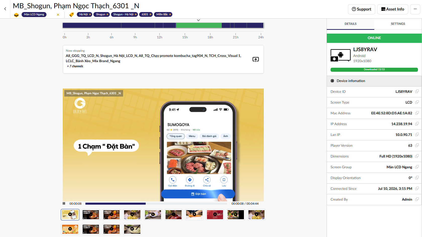 AdTRUE Screen CMS — live screen preview, playback timeline, device info and remote control